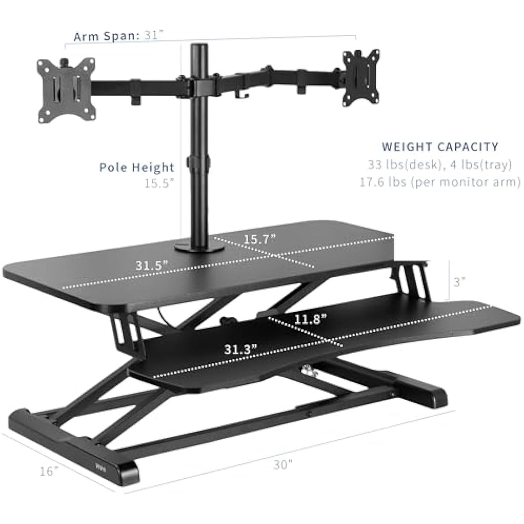 VIVO Standing Desk Converter with Dual Monitor Mount - 81cm Black Riser