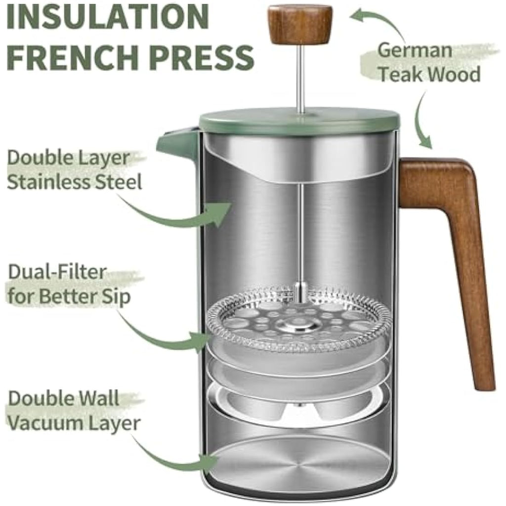 Jolof Store 34oz Stainless Steel French Press – Insulated Coffee Maker