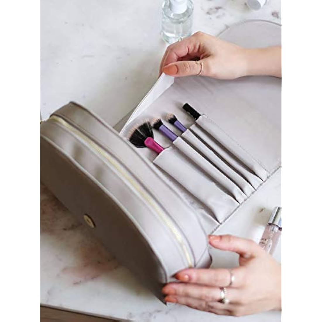 Stackers Taupe Wrap Around Makeup Bag | Travel Cosmetic Brush Case