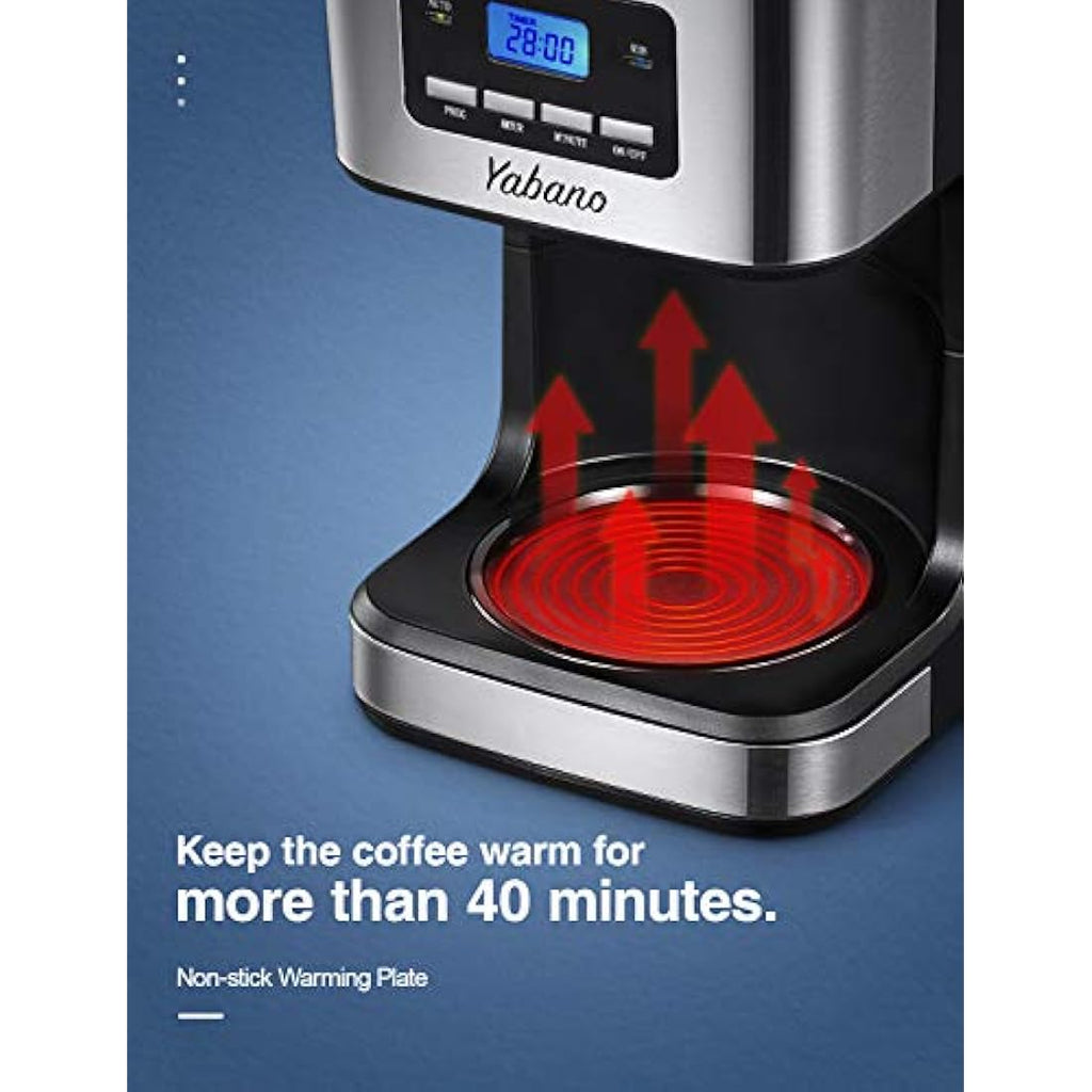 Yabano Programmable Drip Coffee Maker – 12 Cup Glass Carafe, 1.5L
