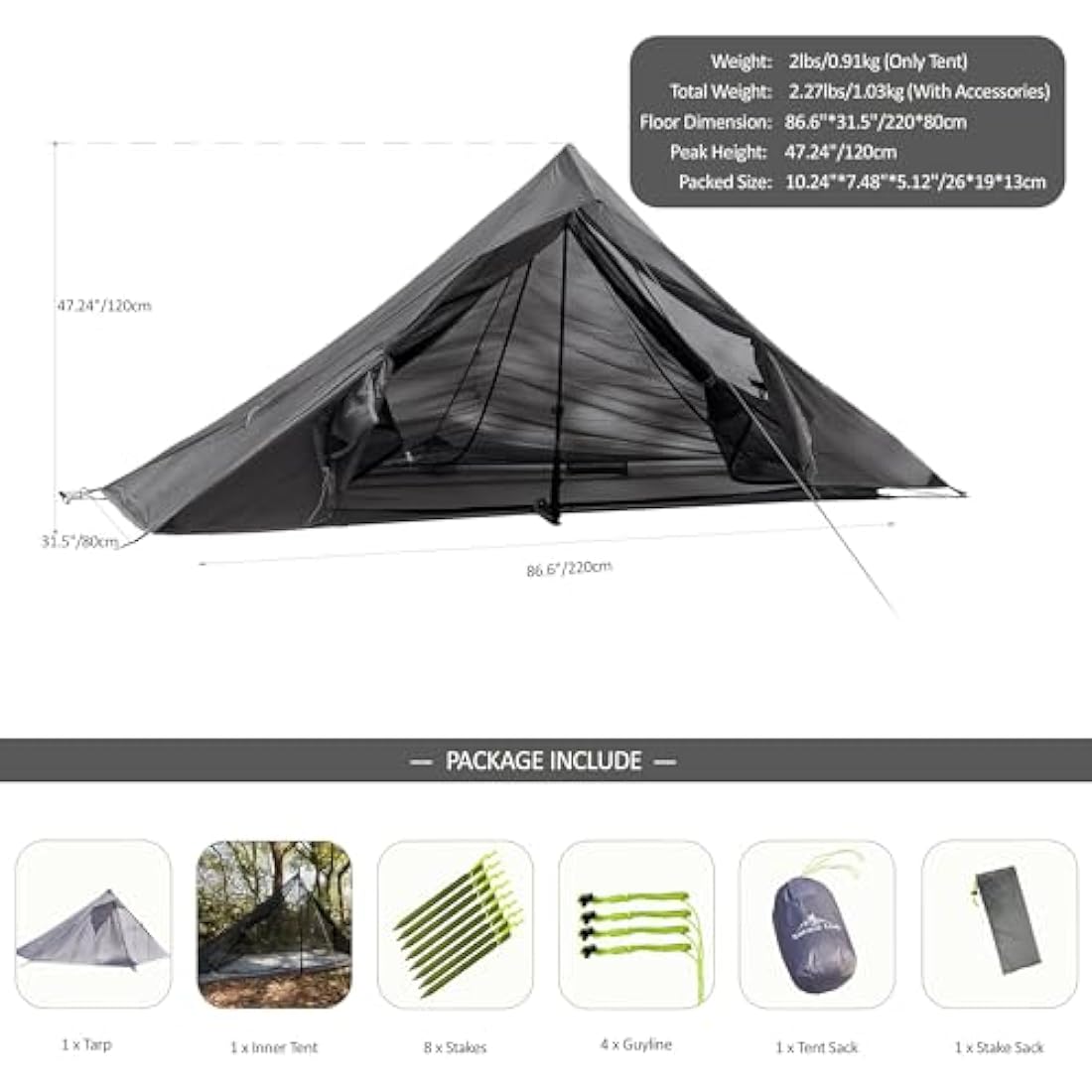 Nature Link Altair One Ultralight 1-Person Trekking Pole Backpacking Tent