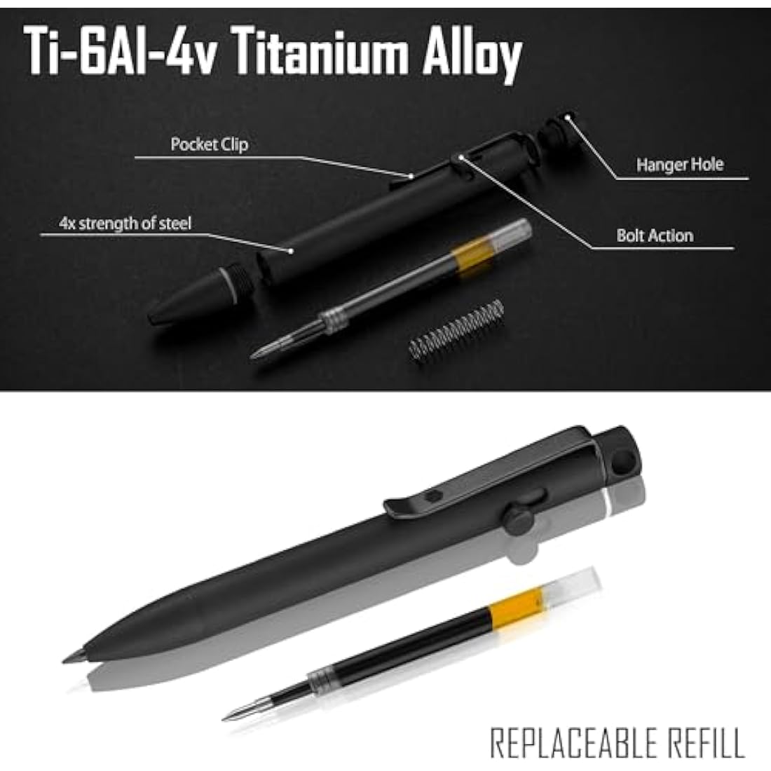 KeyUnity KP03 Titanium Bolt Action EDC Pocket Pen with Clip | Black