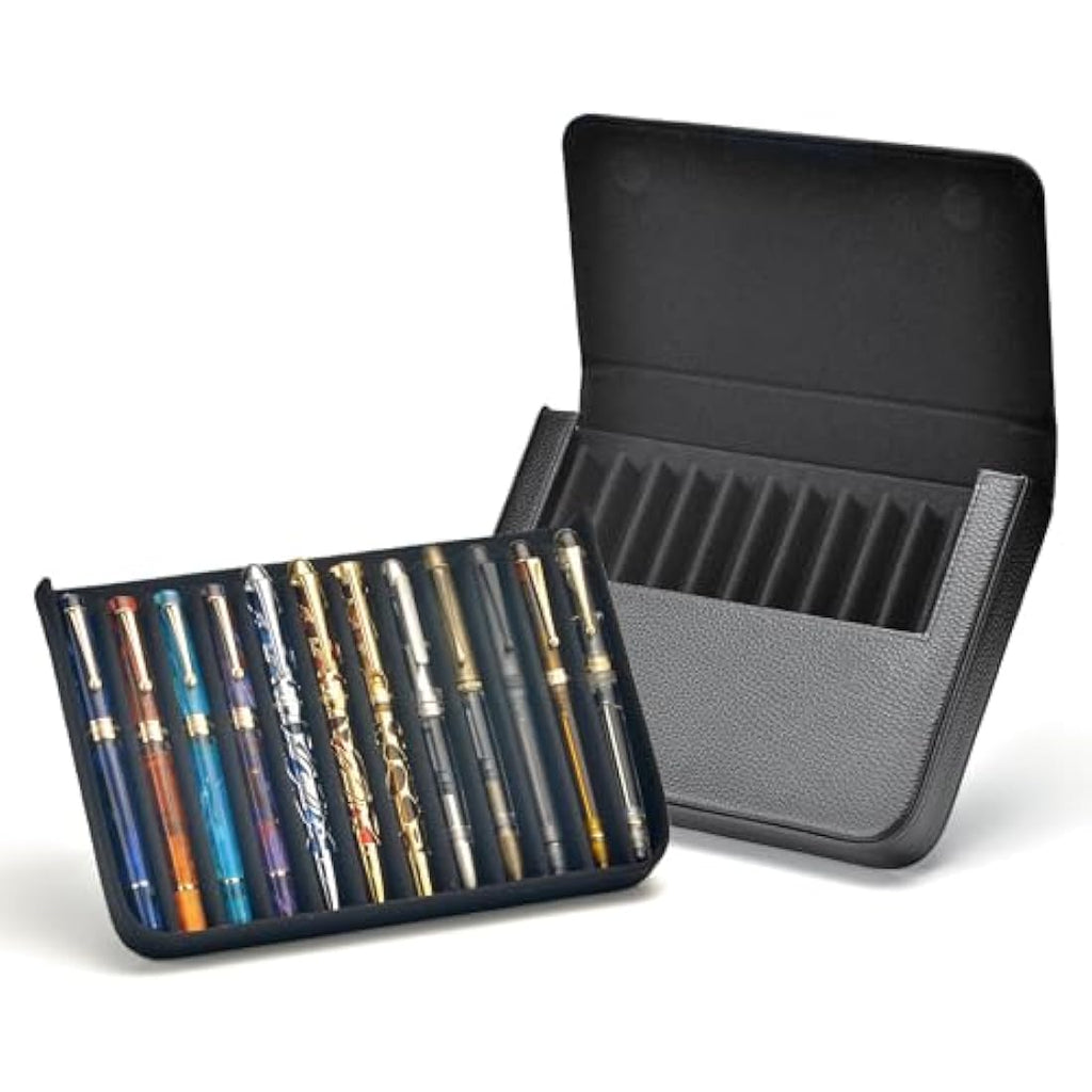 Lanxivi 12 Fountain Pen Case - Genuine Black Leather Organizer Pouch
