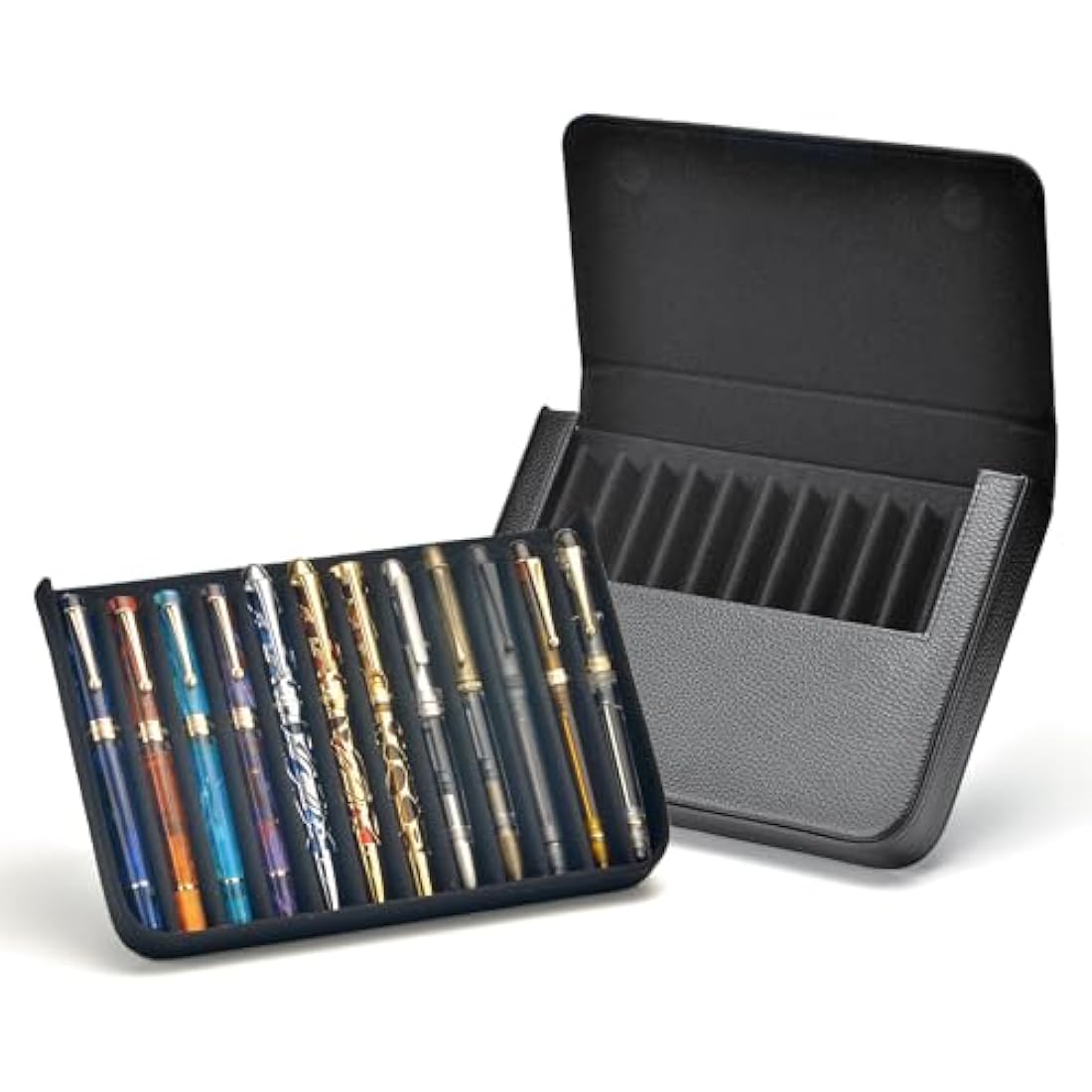 Lanxivi 12 Fountain Pen Case - Genuine Black Leather Organizer Pouch