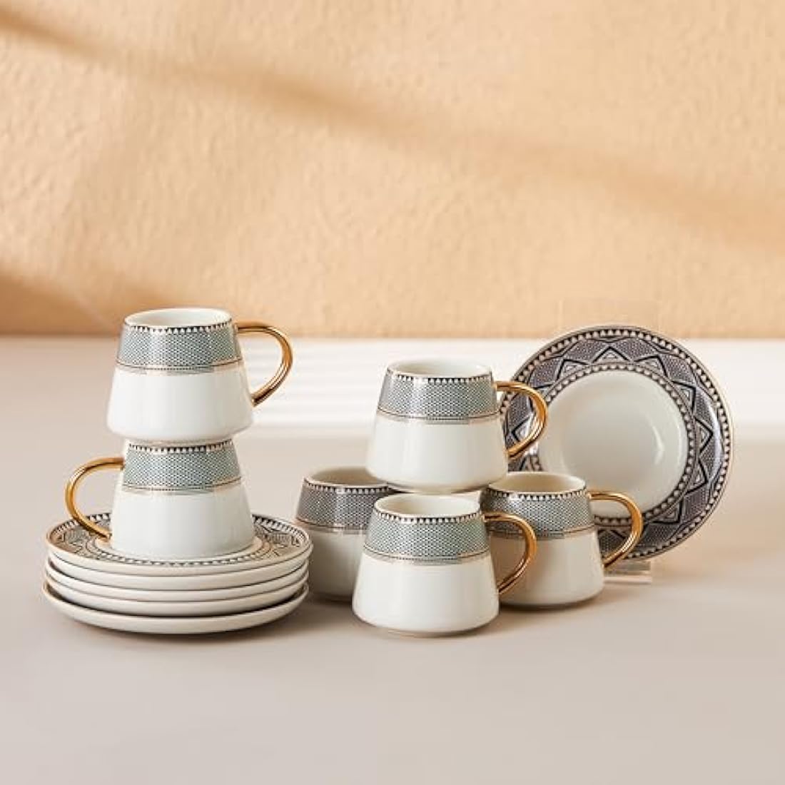 Karaca Globe Porcelain Turkish Coffee Cup Set - 12 Piece Gold Rim Espresso