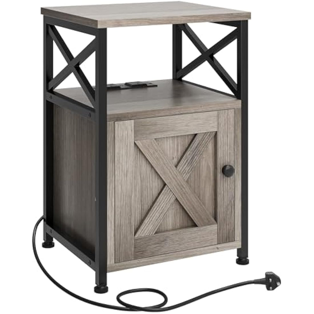 YITAHOME Side Table with Charging Station – Grey X-Shaped Bedside Table