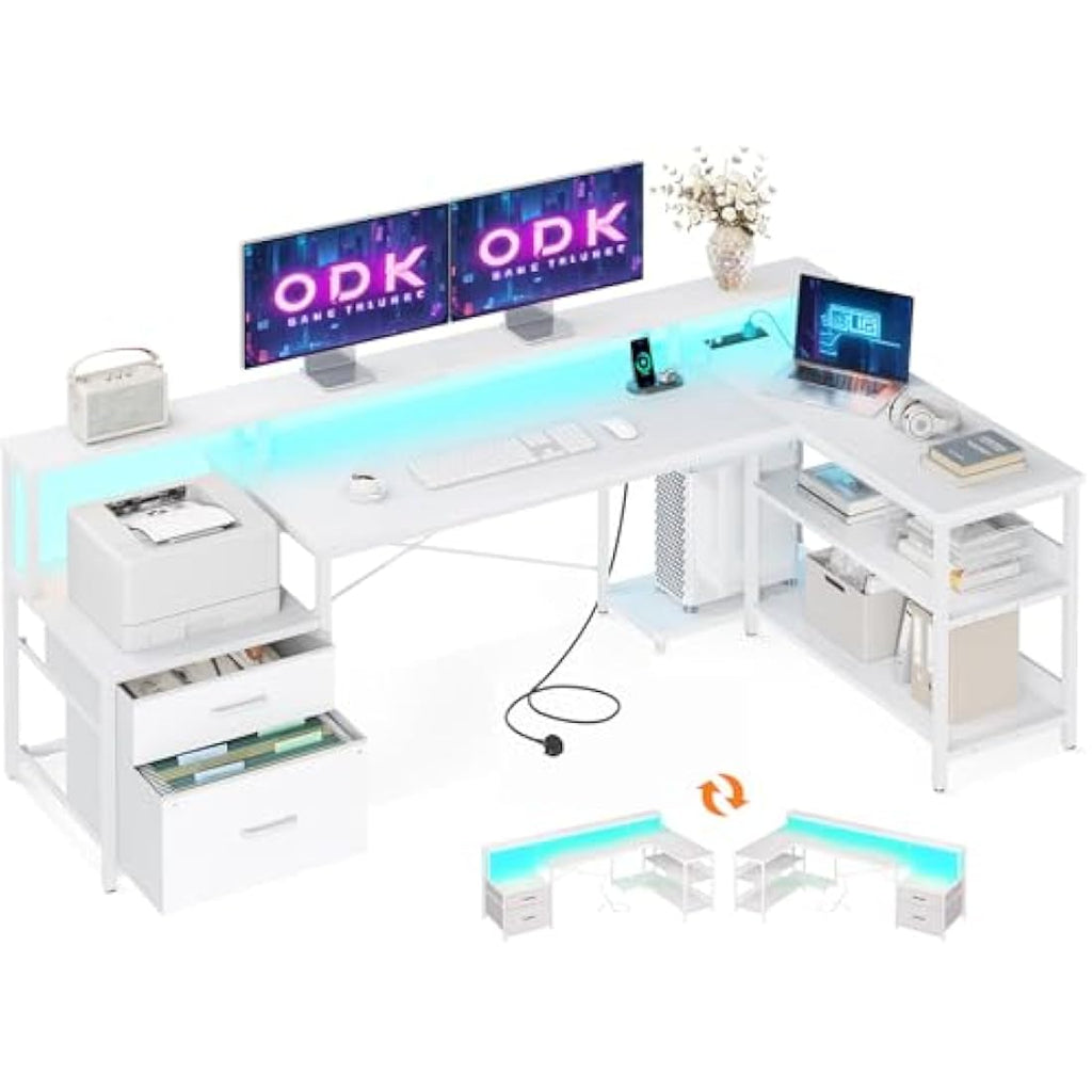 L-Shaped Gaming Desk with LED Lights & Power Outlets, White