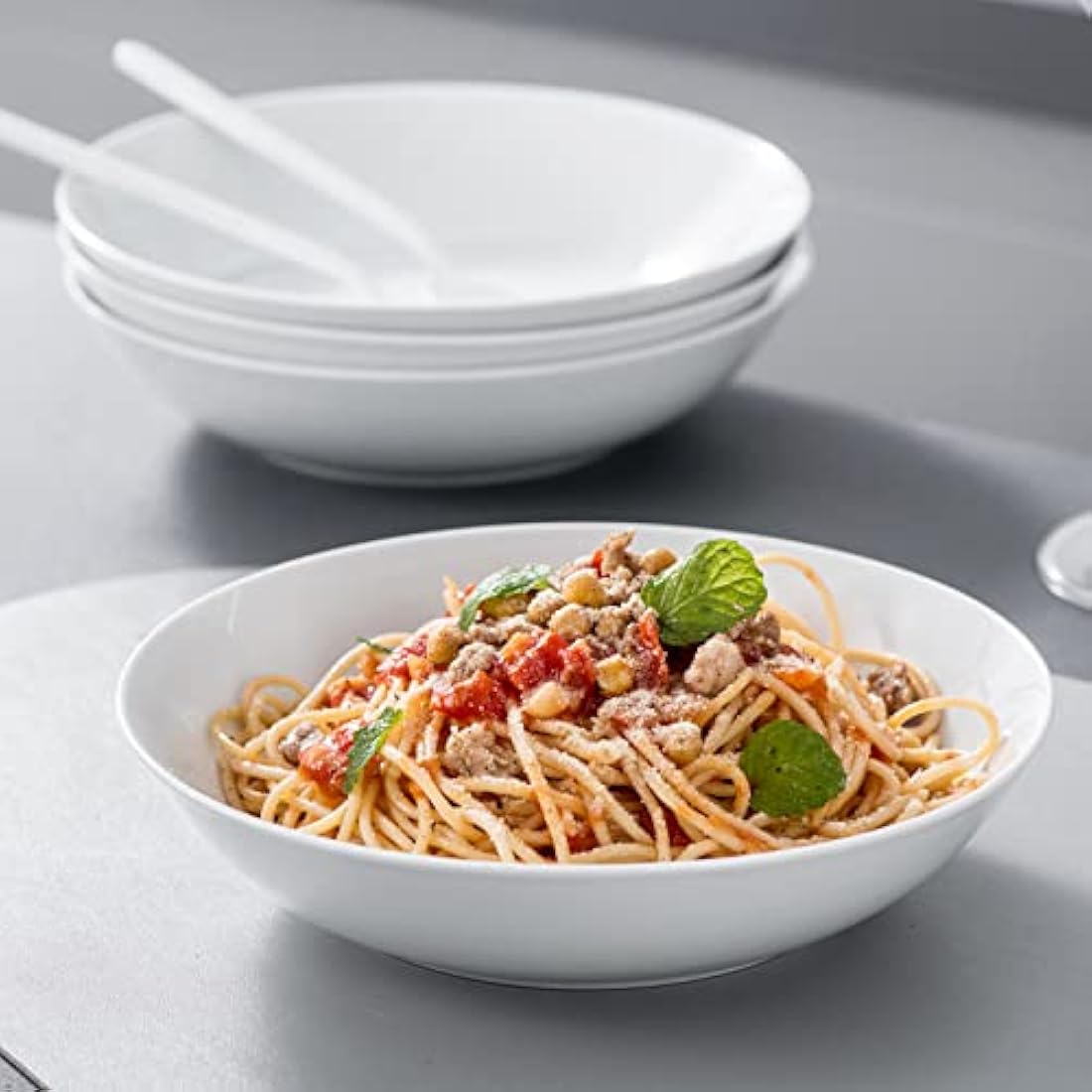 MALACASA 8" Porcelain Pasta Bowls - Set of 4 White Ceramic Salad Soup Bowls