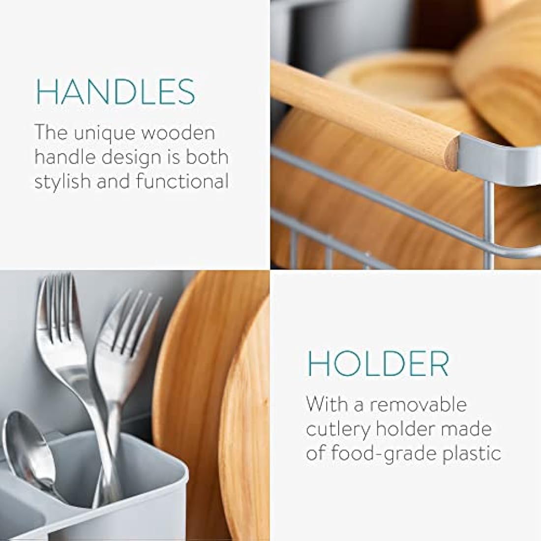 Navaris Dish Drainer Rack – Grey Iron with Beechwood Handles and Tray