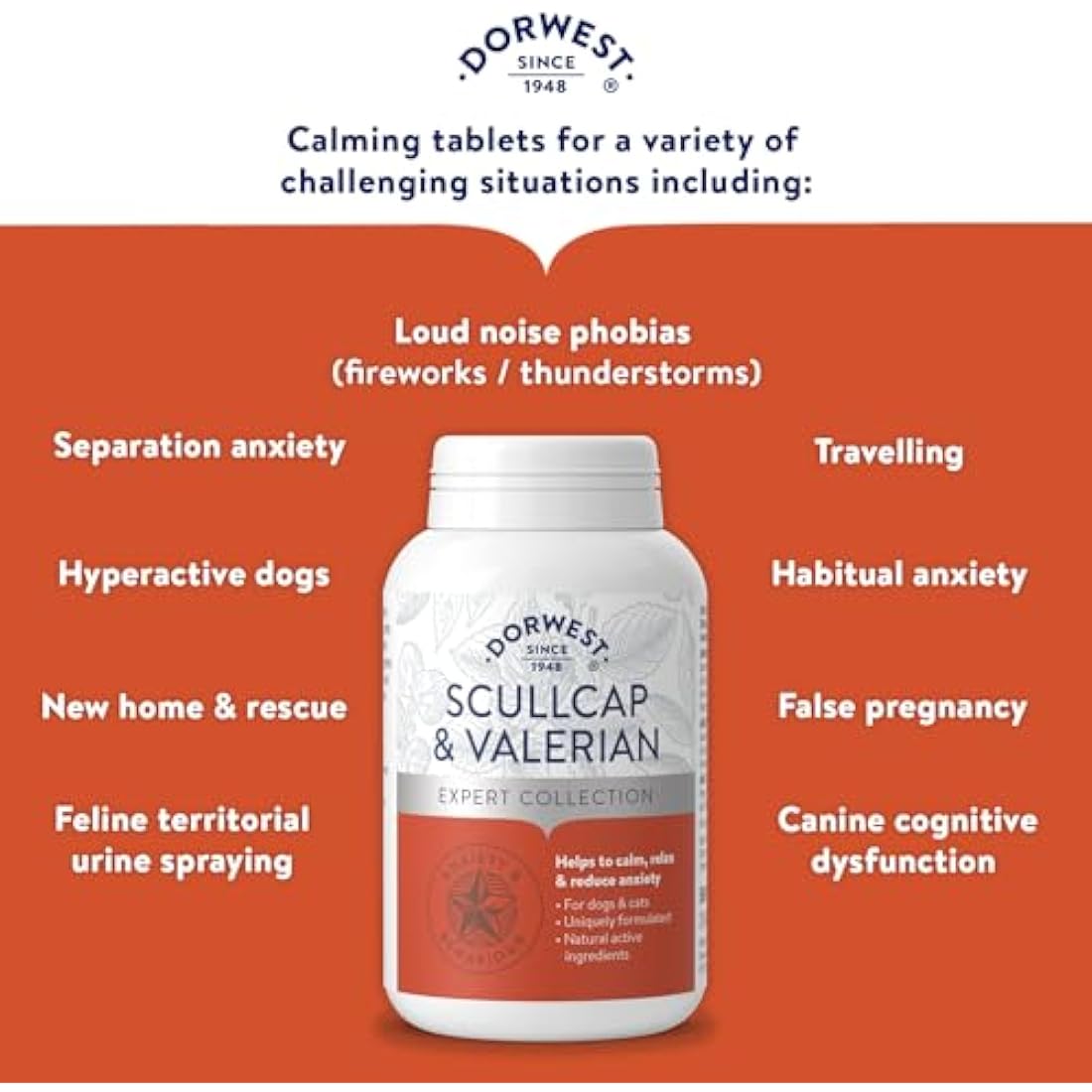 Dorwest Herbs Scullcap & Valerian Calming Tablets for Dogs & Cats, 500ct