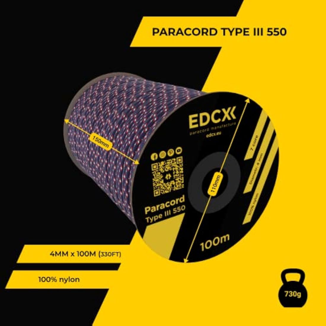 EDCX 550 Paracord – 4mm 7-Strand Nylon Rope for Camping and DIY