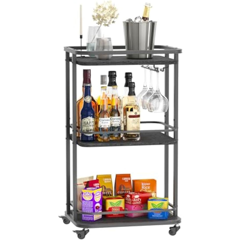 IBUYKE 3-Tier Rolling Bar Cart – Rustic Brown Kitchen Serving Trolley