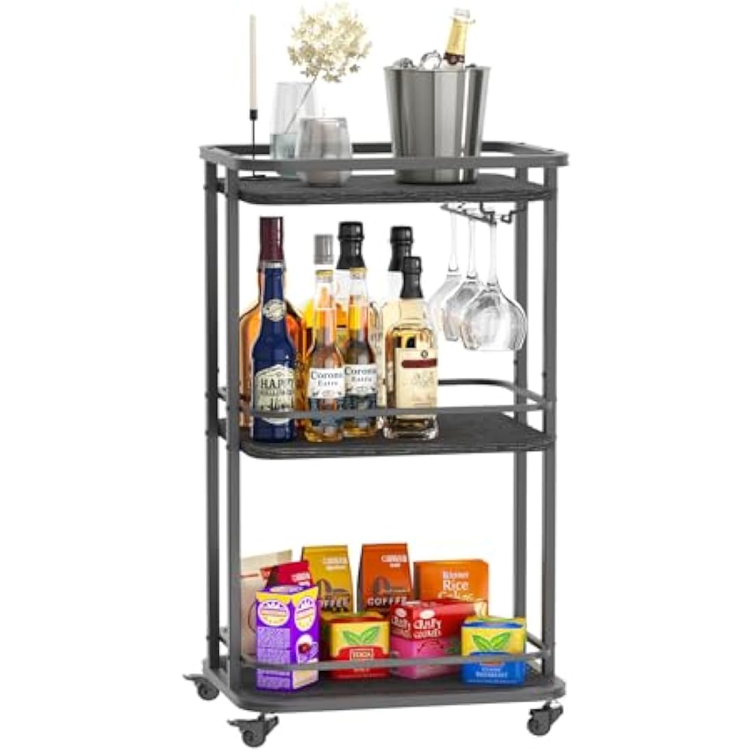 IBUYKE 3-Tier Rolling Bar Cart – Rustic Brown Kitchen Serving Trolley