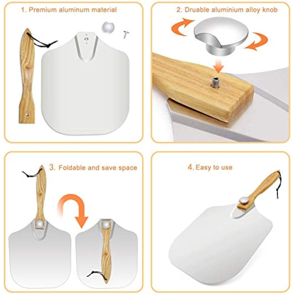 LKE Aluminum Pizza Peel | 12 Inch Metal Paddle with Foldable Wood Handle