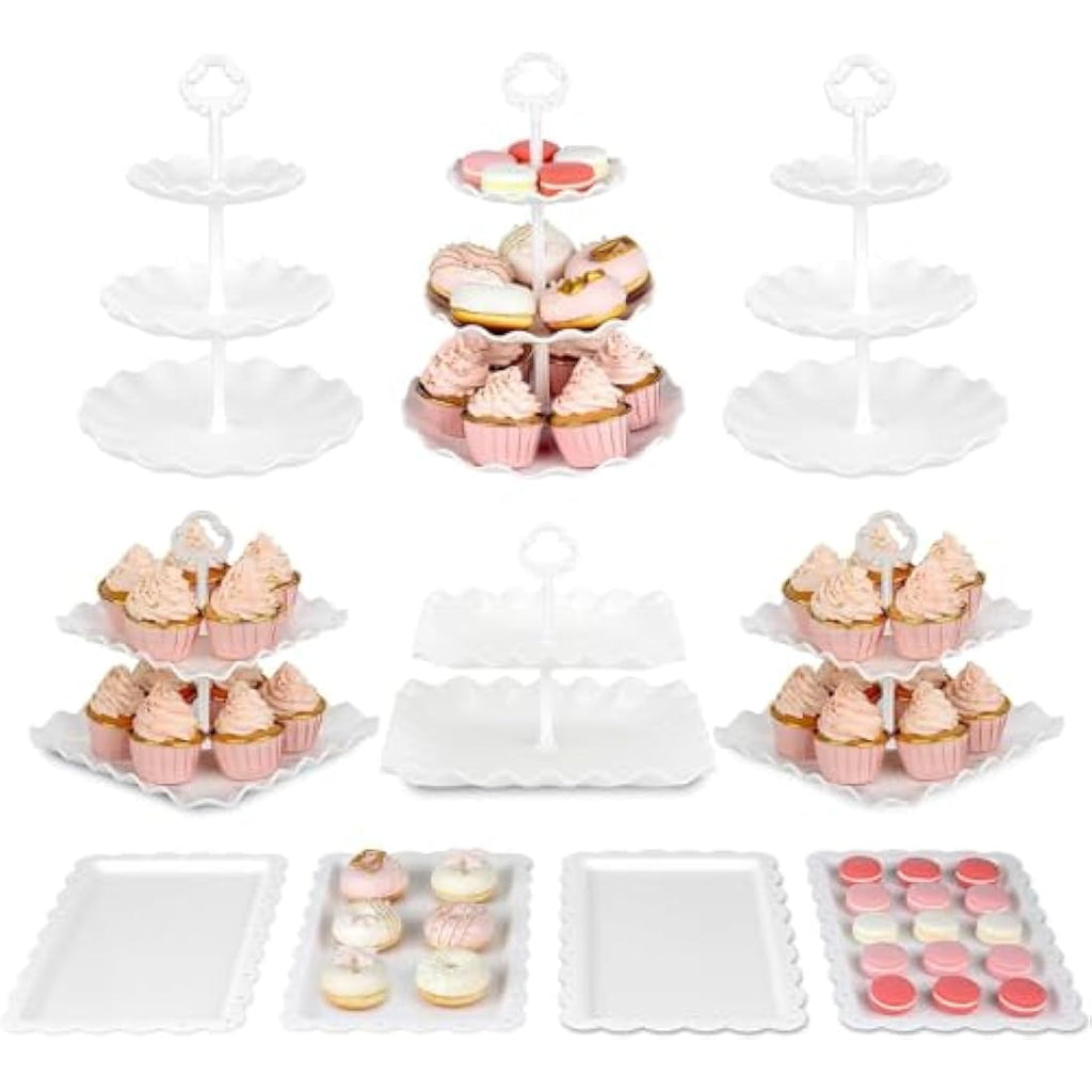 NWK 10-Piece White Cupcake Stand Set – Tiered Dessert Trays for Parties