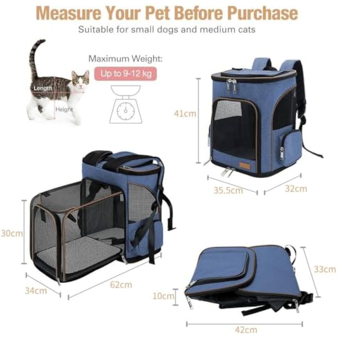 Lekesky Expandable Cat Carrier Backpack | Breathable Pet Rucksack - Blue