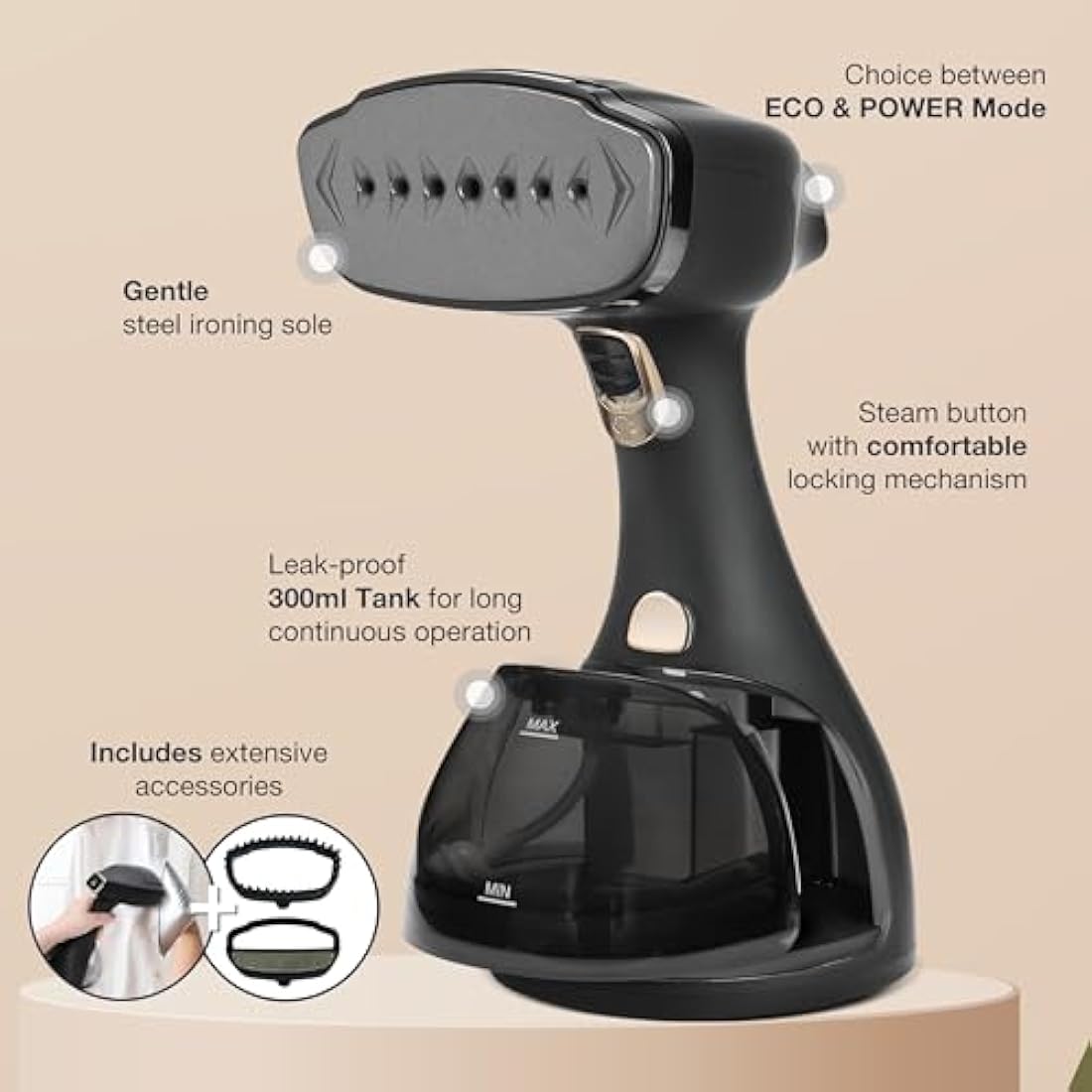 LEBENLANG Handheld Garment Steamer - 1500W Portable Fabric Iron, 300ml