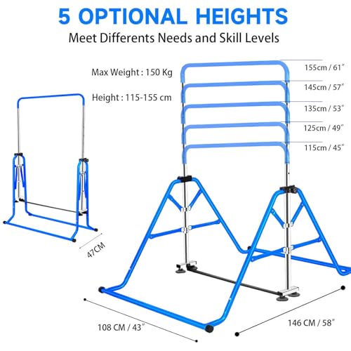 FCOUMY Kids Gymnastics Bar – Folding Adjustable Junior Kip Bar for Home
