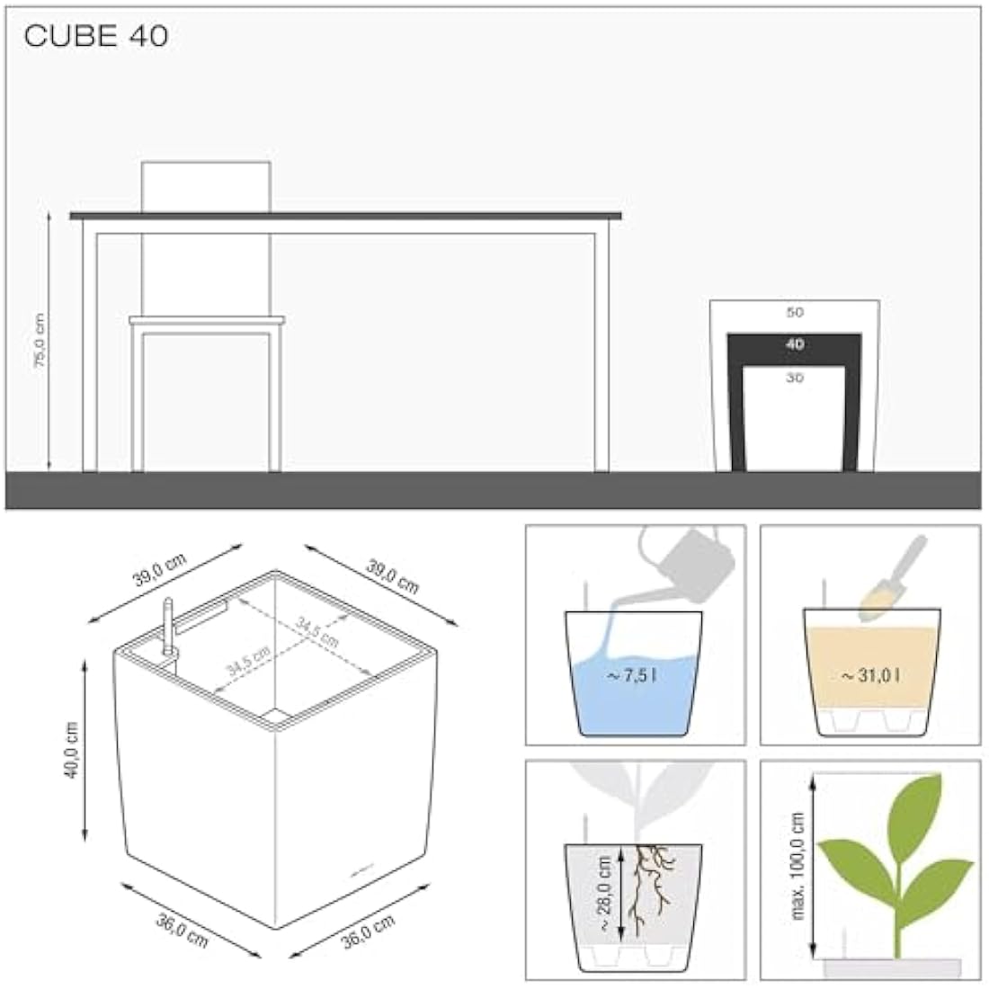 Lechuza Cube 40 Self-Watering Planter | High-Gloss White Plastic Pot