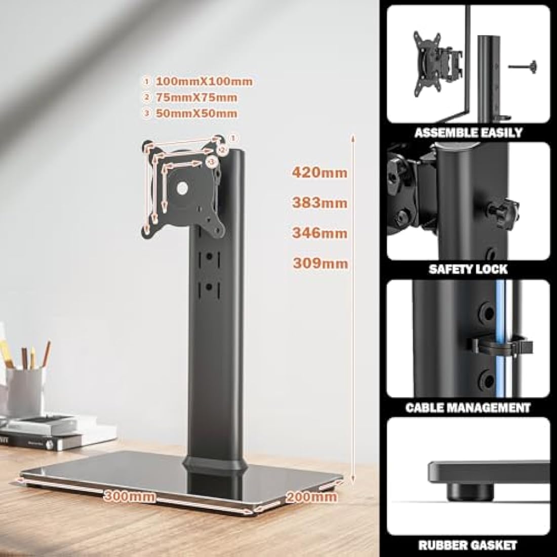 Single Monitor Stand – Height Adjustable Riser for 13-32" Screens