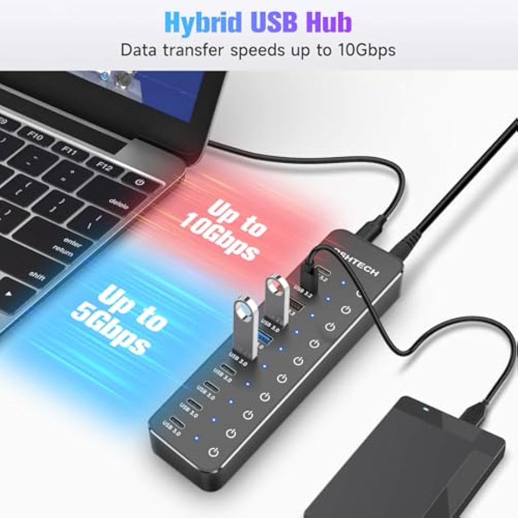 RSHTECH 10-Port Powered USB C Hub | 60W Adapter | 10Gbps USB 3.2 Gen2