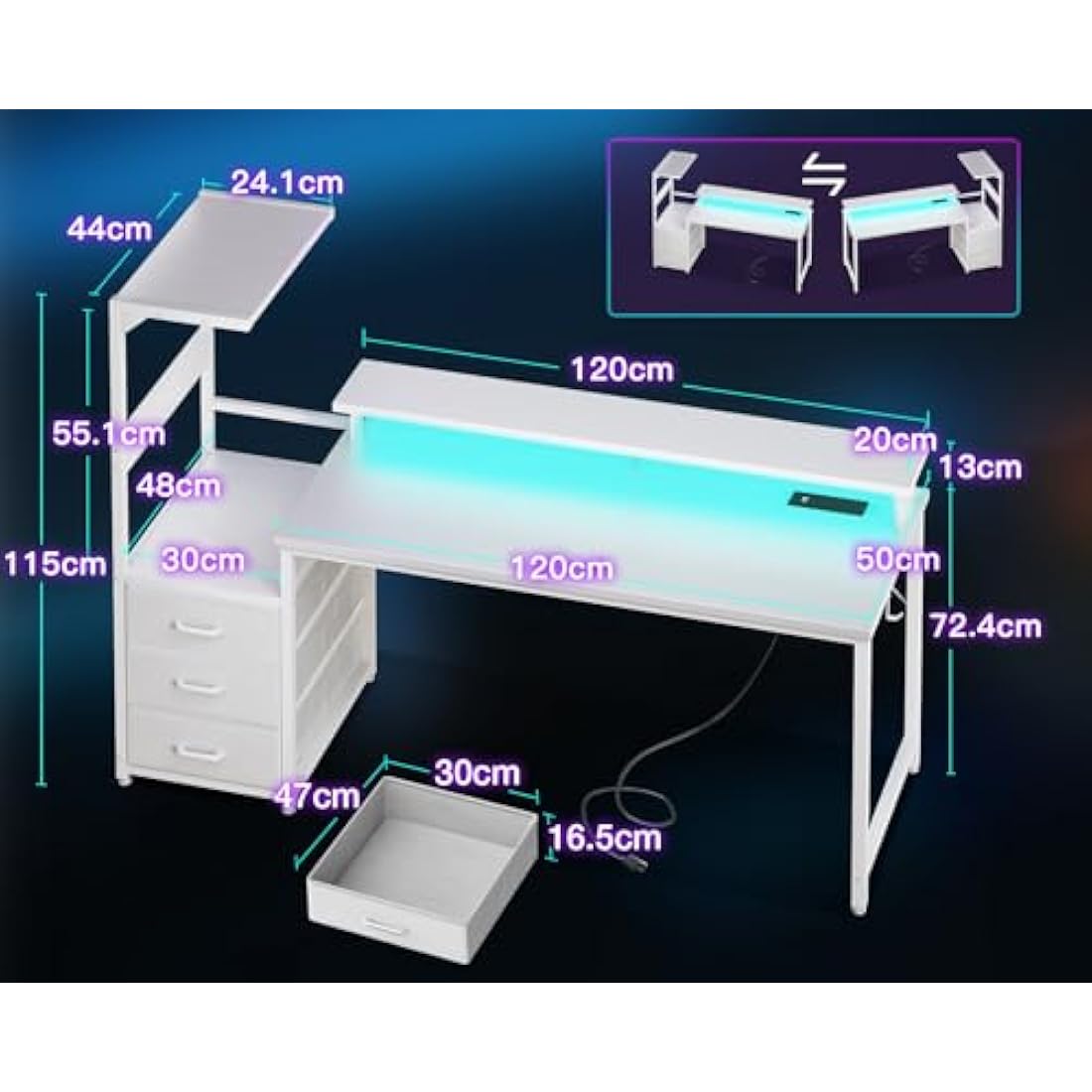 Coleshome Gaming Desk with LED Lights, Power Outlet & Drawers - White