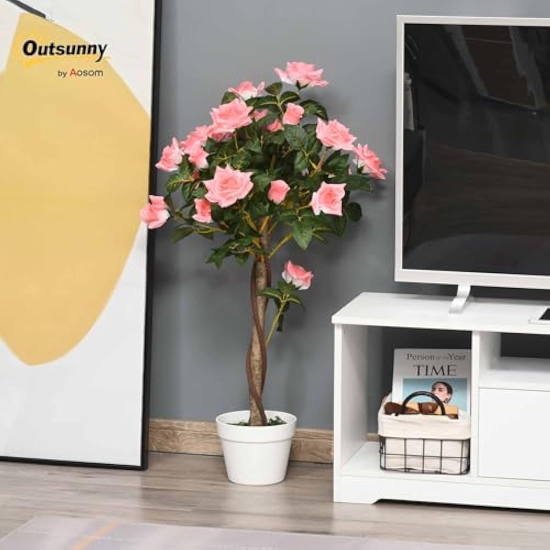 Outsunny 90cm Artificial Rose Tree | Pink Faux Decorative Plant with Pot