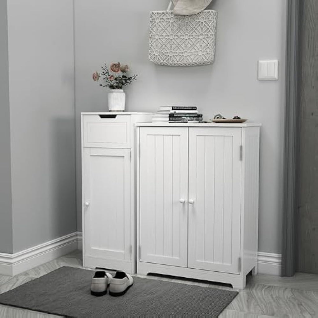 Jolof Store White MDF Bathroom Floor Cabinet with Drawer and Shelves