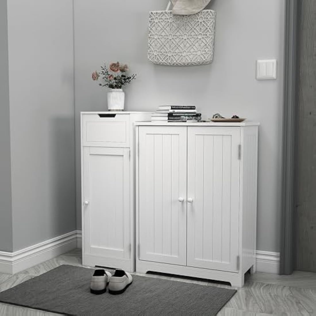Jolof Store White MDF Bathroom Floor Cabinet with Drawer and Shelves