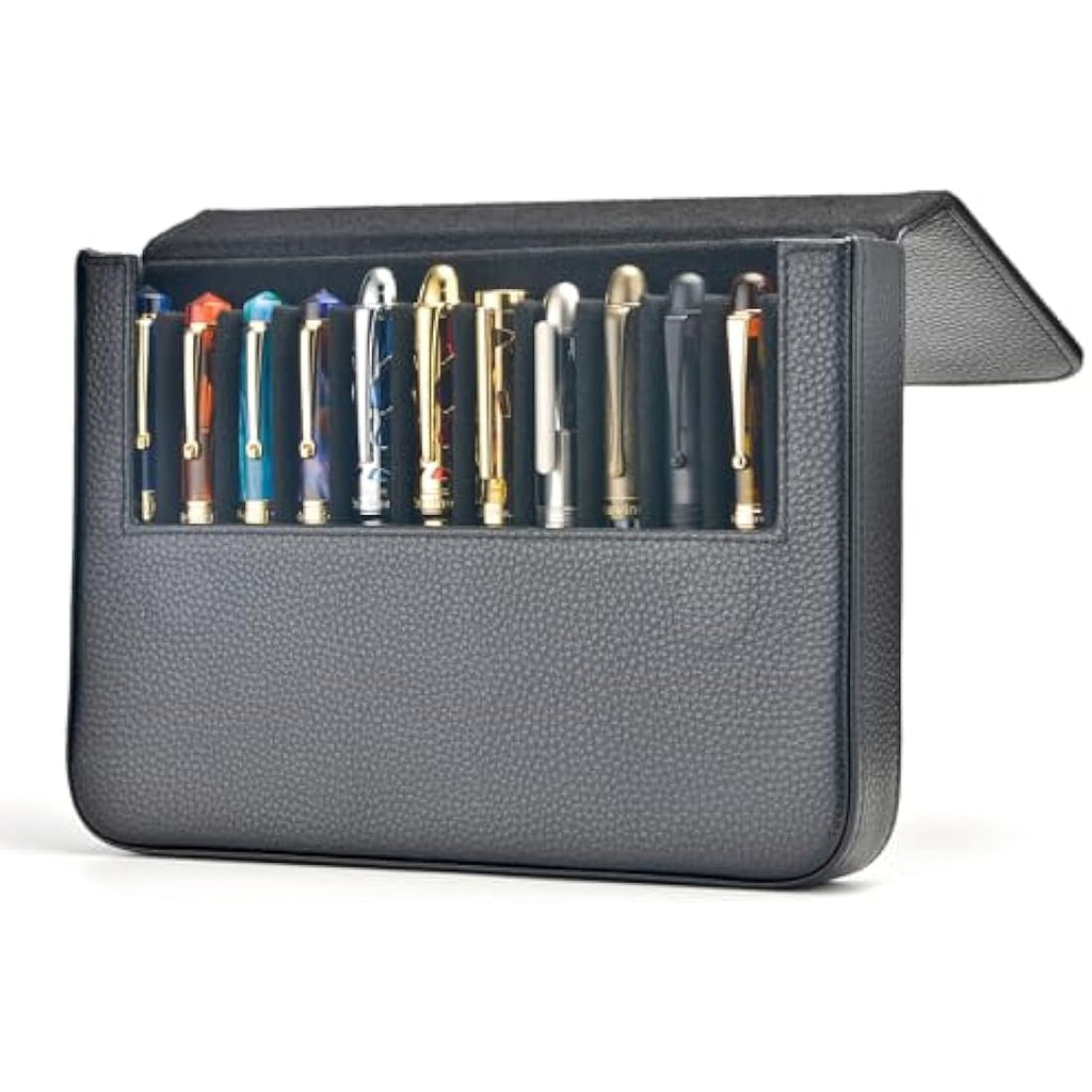 Lanxivi 12 Fountain Pen Case - Genuine Black Leather Organizer Pouch