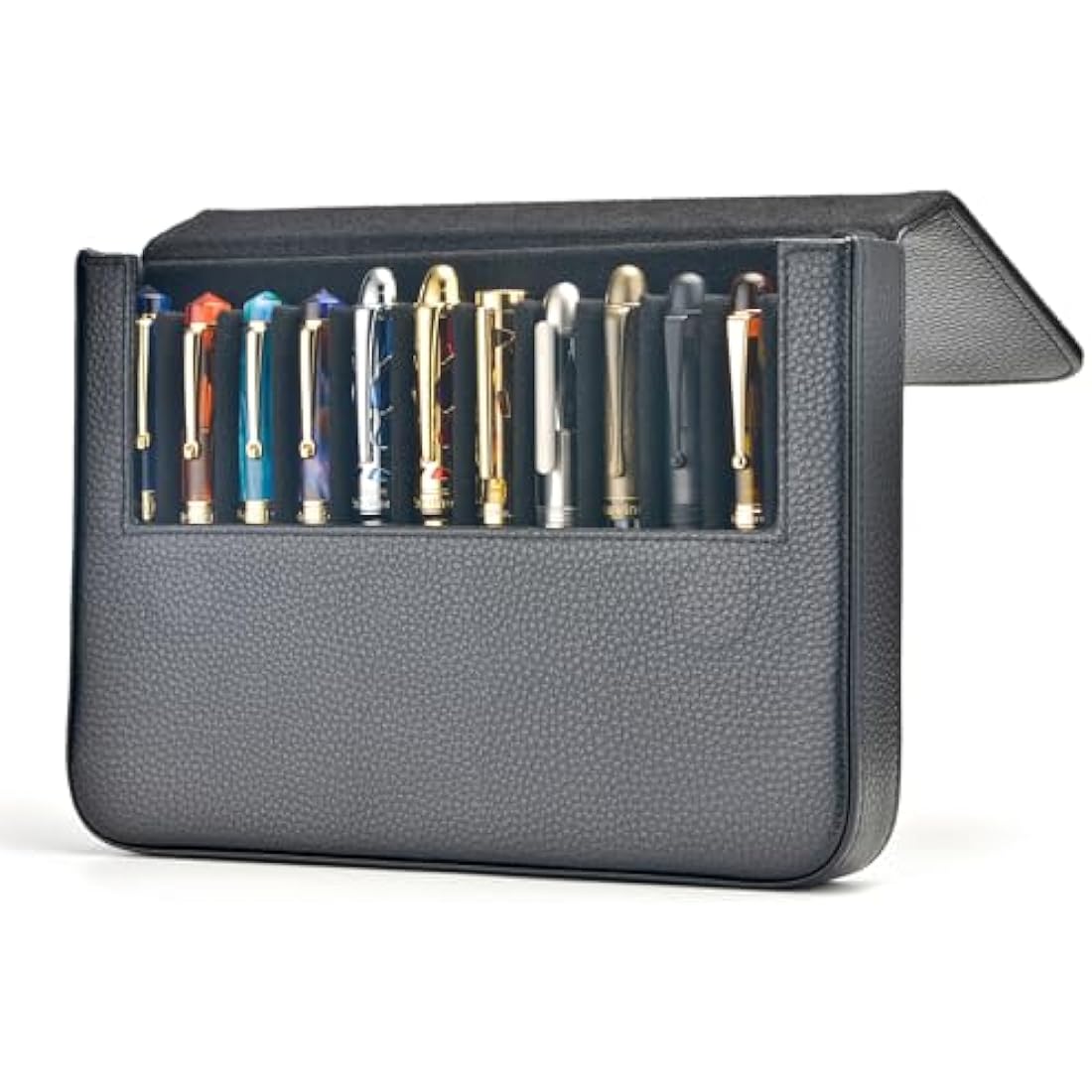 Lanxivi 12 Fountain Pen Case - Genuine Black Leather Organizer Pouch