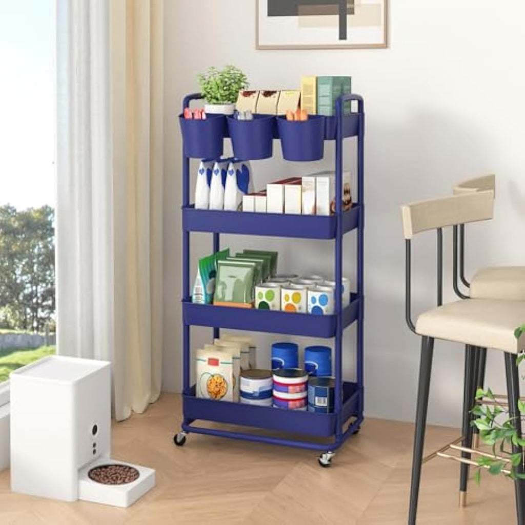 JIUYOTREE 4-Tier Rolling Utility Cart with Hanging Cups and Wheels - Blue