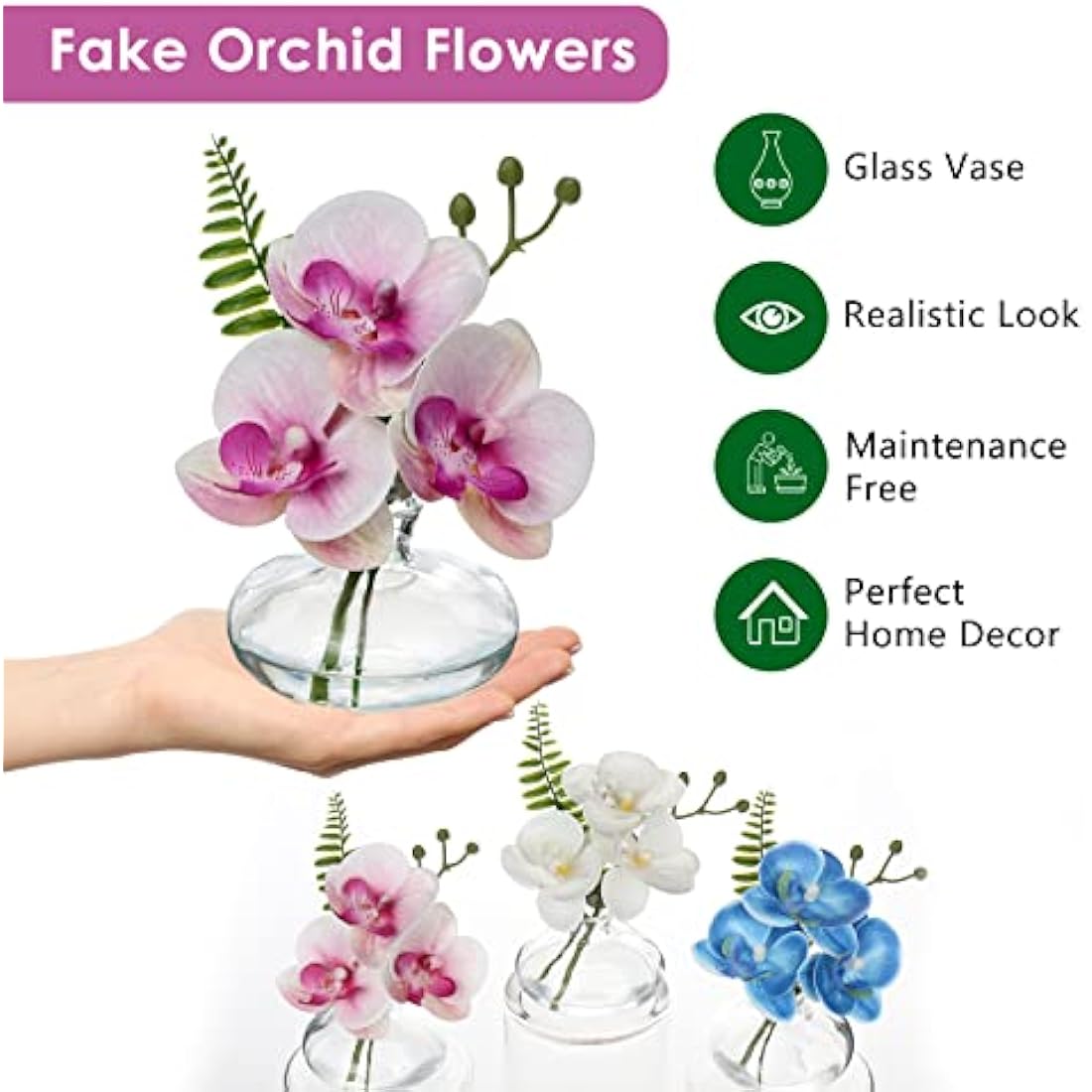Briful Set of 3 Pink Artificial Orchids in Glass Vase - Real Touch Faux Flowers