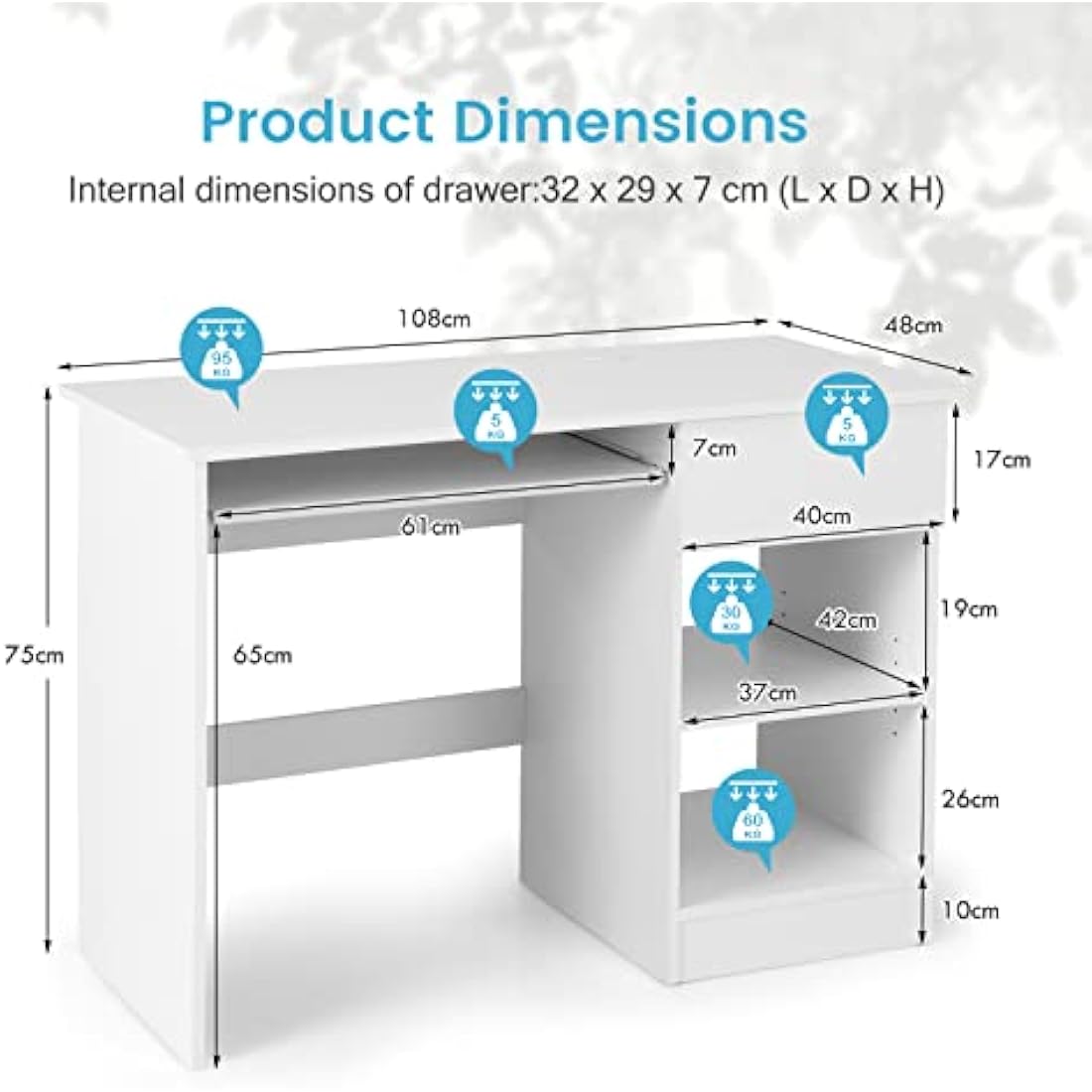 Computer Desk with Keyboard Tray and Drawer - White