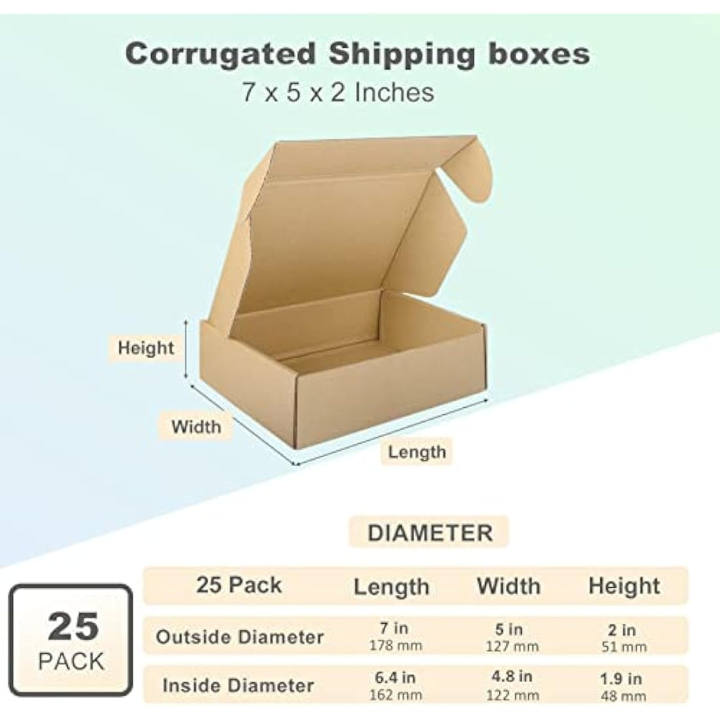 HORLIMER 7x5x2" Corrugated Cardboard Shipping Boxes - 25 Pack Brown