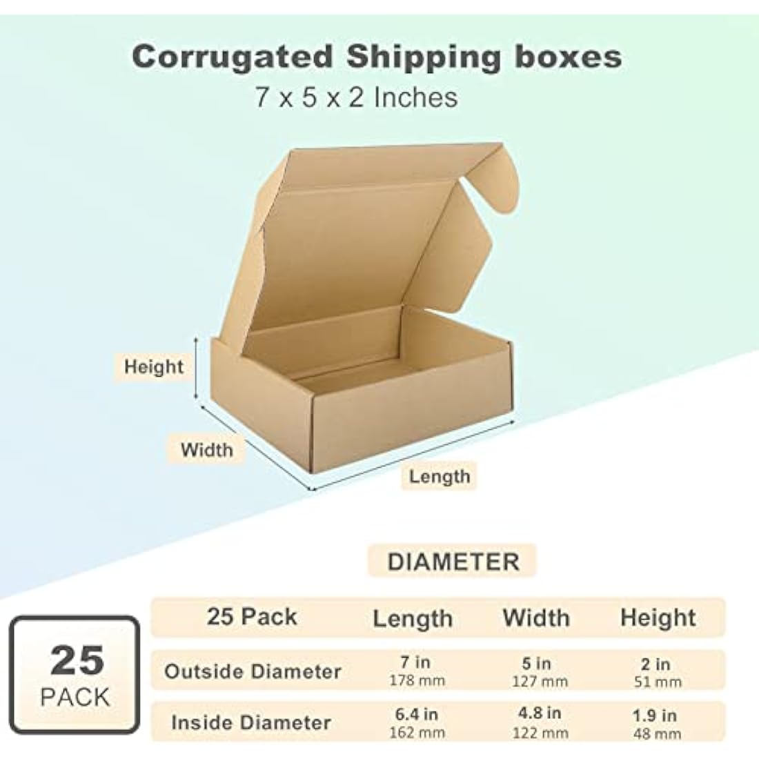 HORLIMER 7x5x2" Corrugated Cardboard Shipping Boxes - 25 Pack Brown