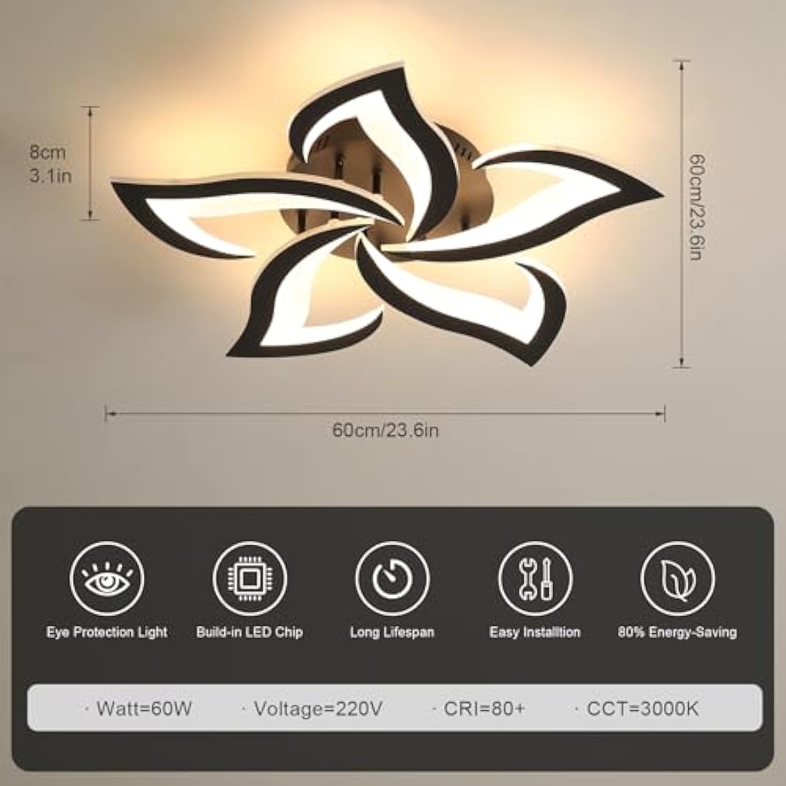 Dorlink Modern LED Ceiling Light – 60W Flower Acrylic Fixture, 3000K