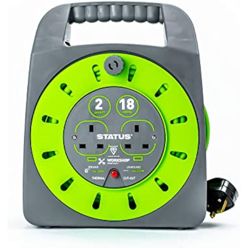 Status 2 Socket Cable Reel – 18m Heavy Duty Outdoor Extension Lead