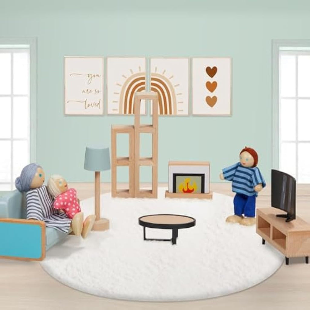 Giant Bean Wooden Dollhouse Furniture Set | 36pcs with 4 Family Dolls