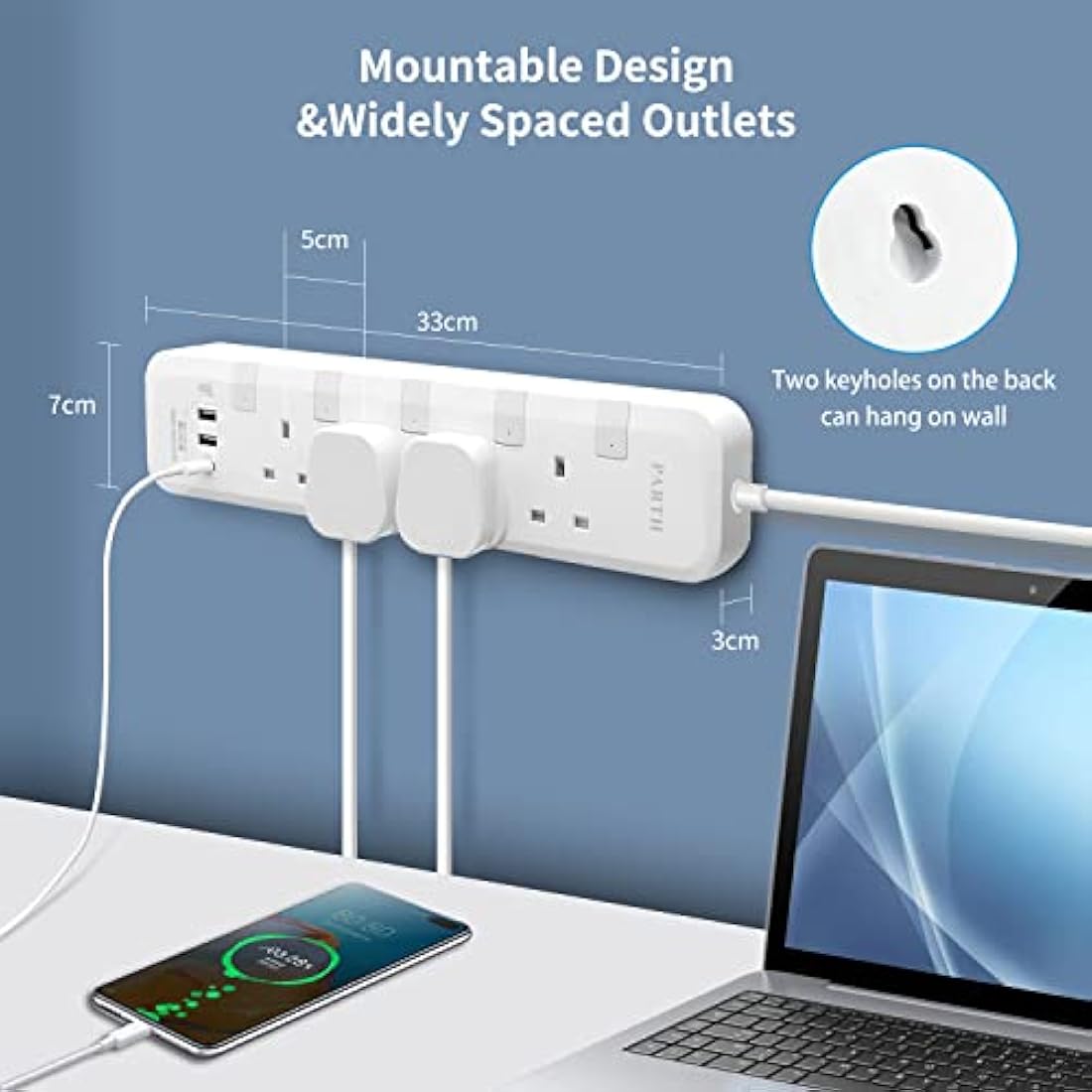PARTH 4 Way Extension Lead with USB C PD 18W - 3m Surge Protected Strip