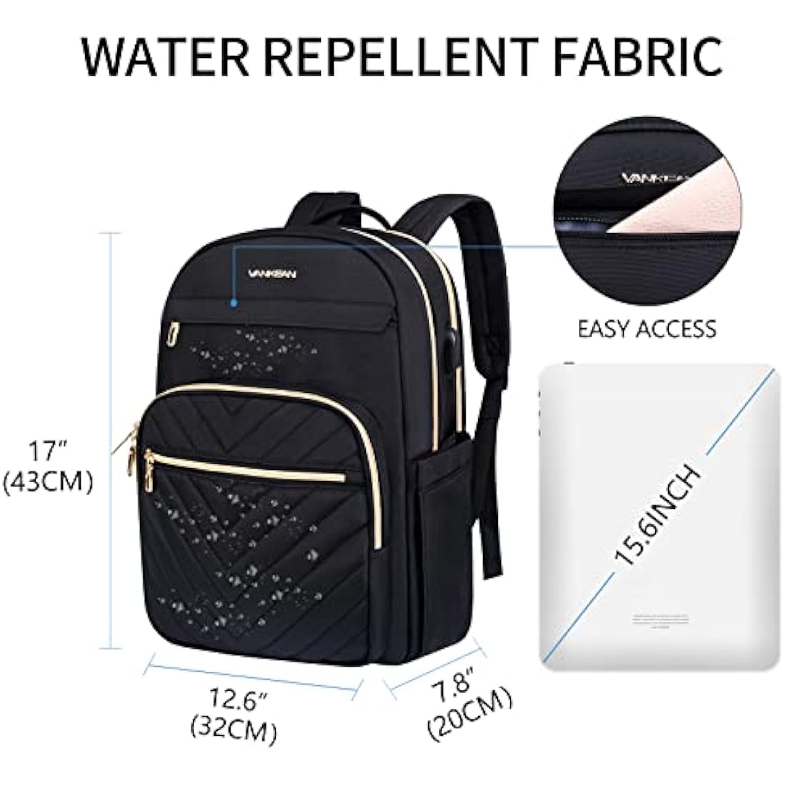 VANKEAN 15.6 Inch Laptop Backpack | Waterproof Travel Bag with USB Port