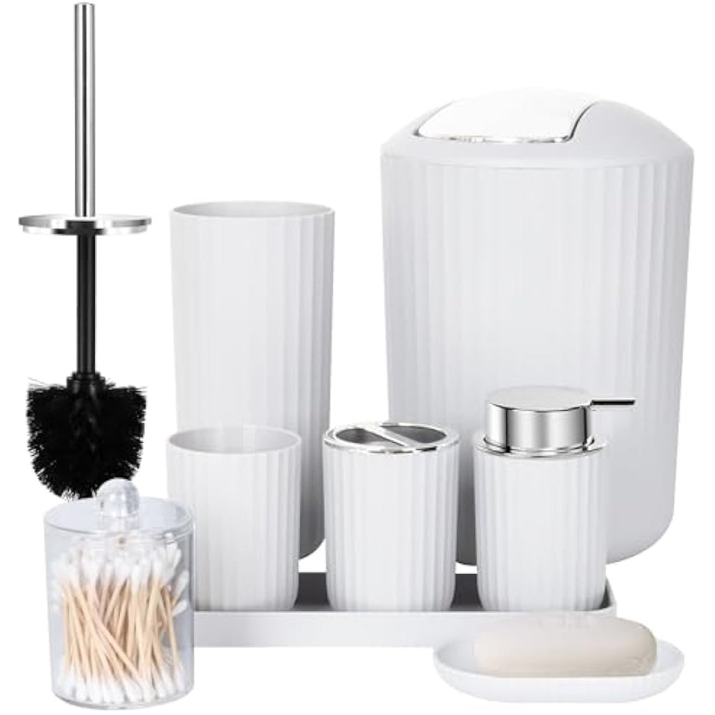 8-Piece Bathroom Accessories Set with Trash Can – White