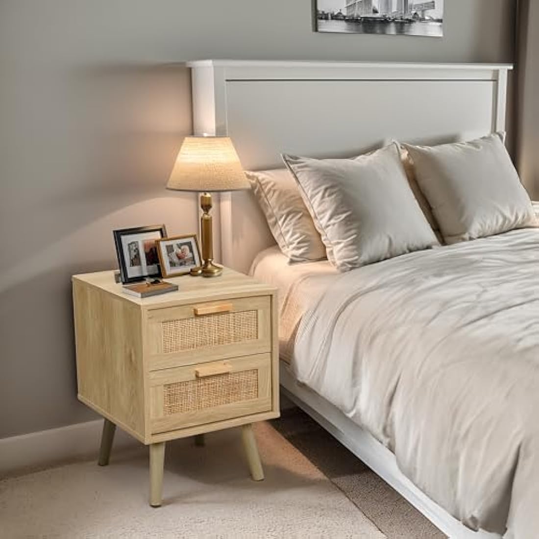 Finnhomy Rattan Bedside Tables Set of 2 | Natural Wood Nightstands