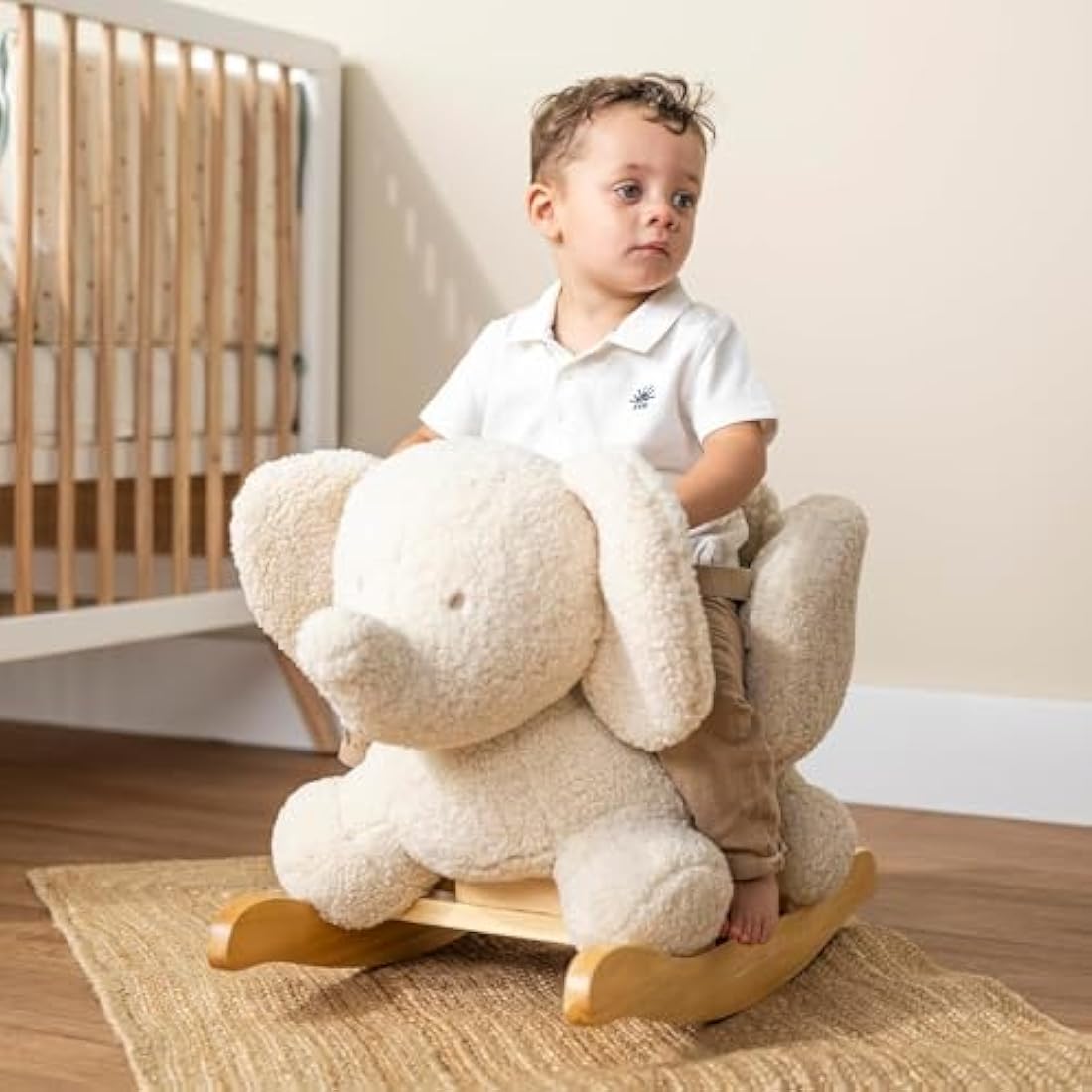Nattou Ecru Elephant Wooden Rocker | Padded Vegan Teddy Fabric Seat