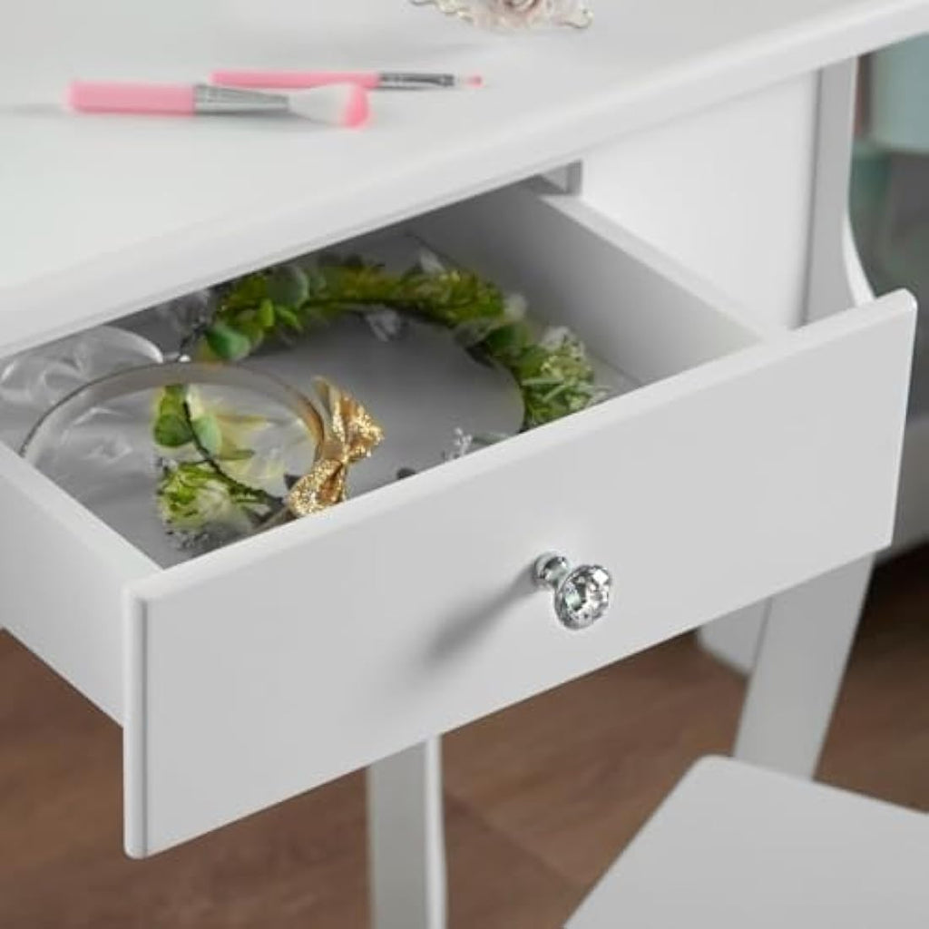 Runesol Girls White Wooden Dressing Table Set with Mirror and Stool