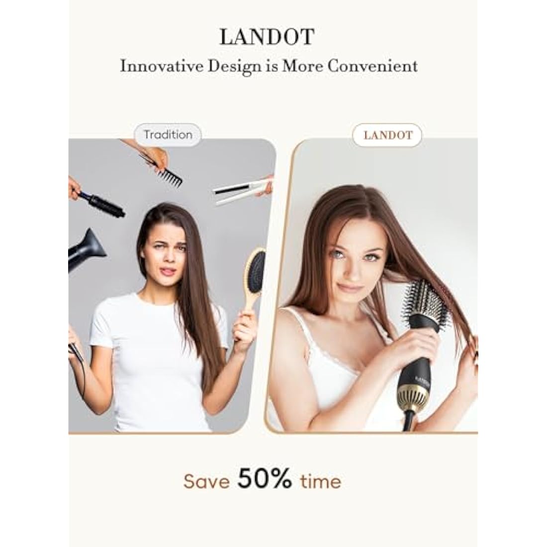 LANDOT Hair Dryer Brush – 3-in-1 Hot Air Styler and Volumizer, Black/Gold