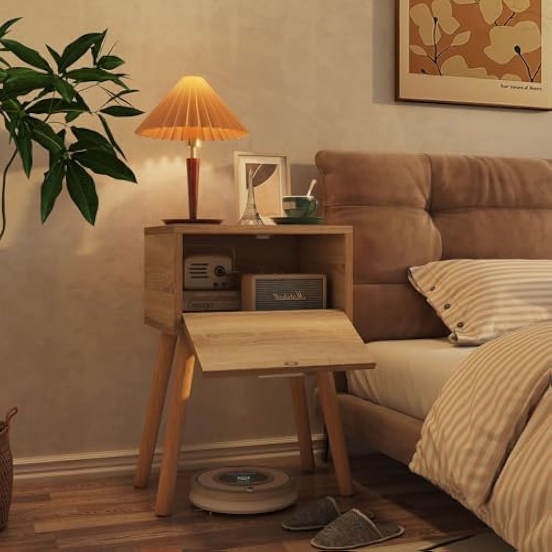 YMYNY Rattan Nightstand Set of 2 - Modern Wood Bedside Table with Drawer