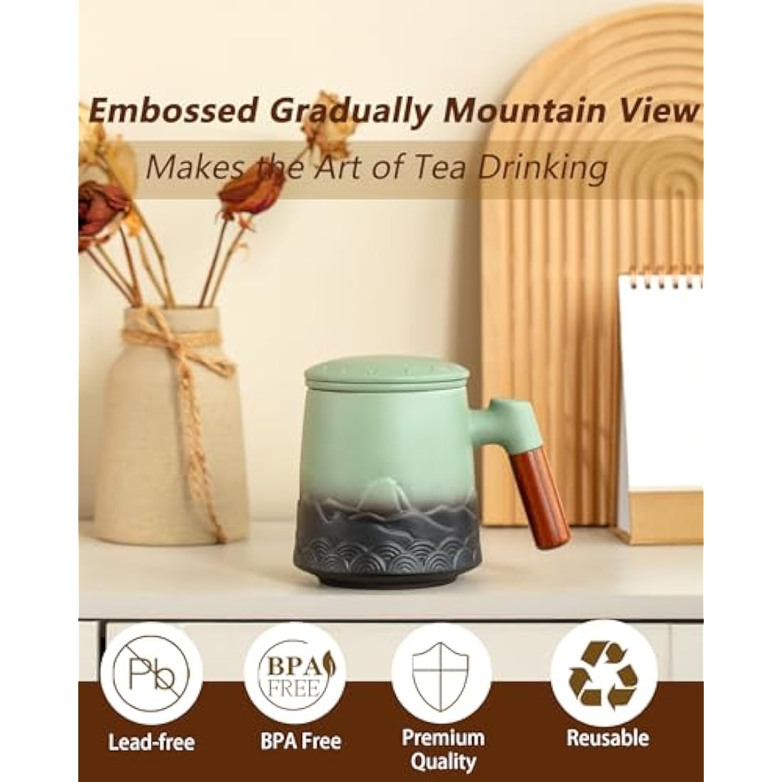 ZENS Ceramic Tea Infuser Mug with Wood Handle and Lid - 500ml Green