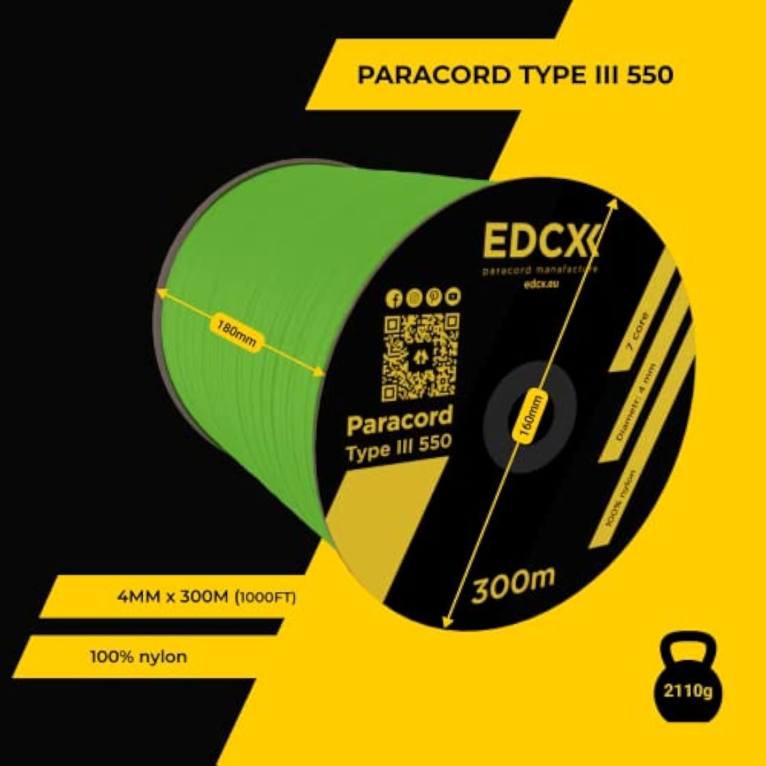 EDCX 550 Paracord – 4mm Type III 7-Strand Nylon Rope, 15m Spool