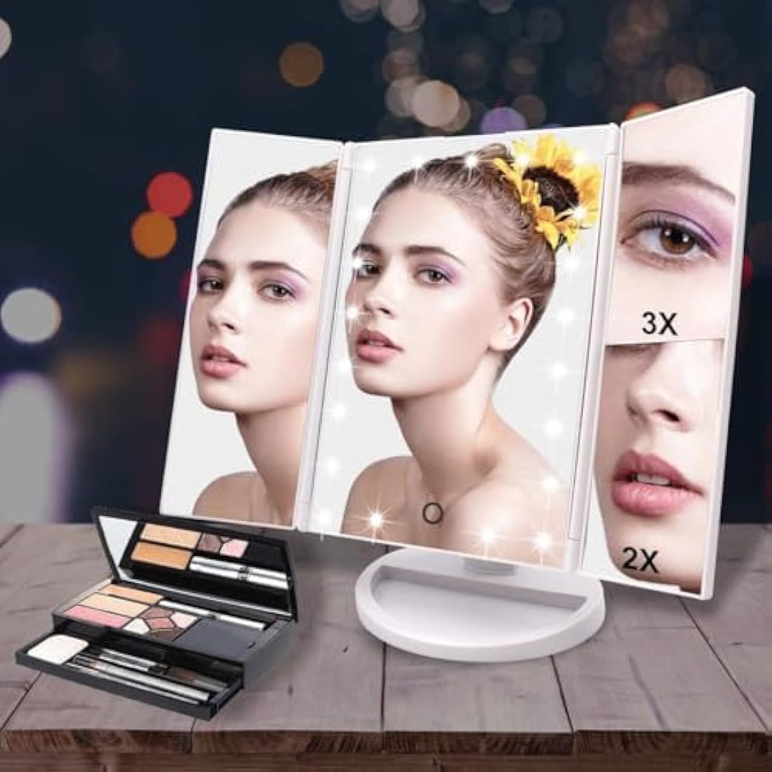 WEILY Tri-fold LED Makeup Mirror | 2X/3X Magnification Vanity Mirror - White